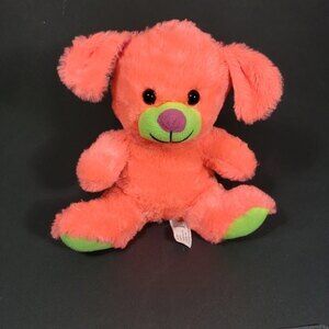 Vintage Kellytoy Dog Plush Neon Pink Yellow 11 in. Stuffed Animal